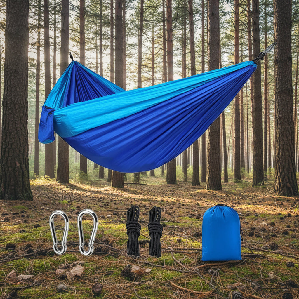 Blue hammock with accessories