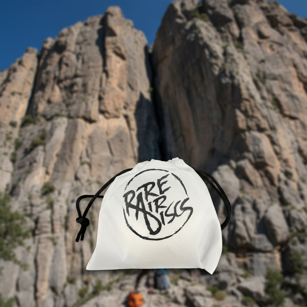 White drawstring bag with 'Rare Air Discs' branding