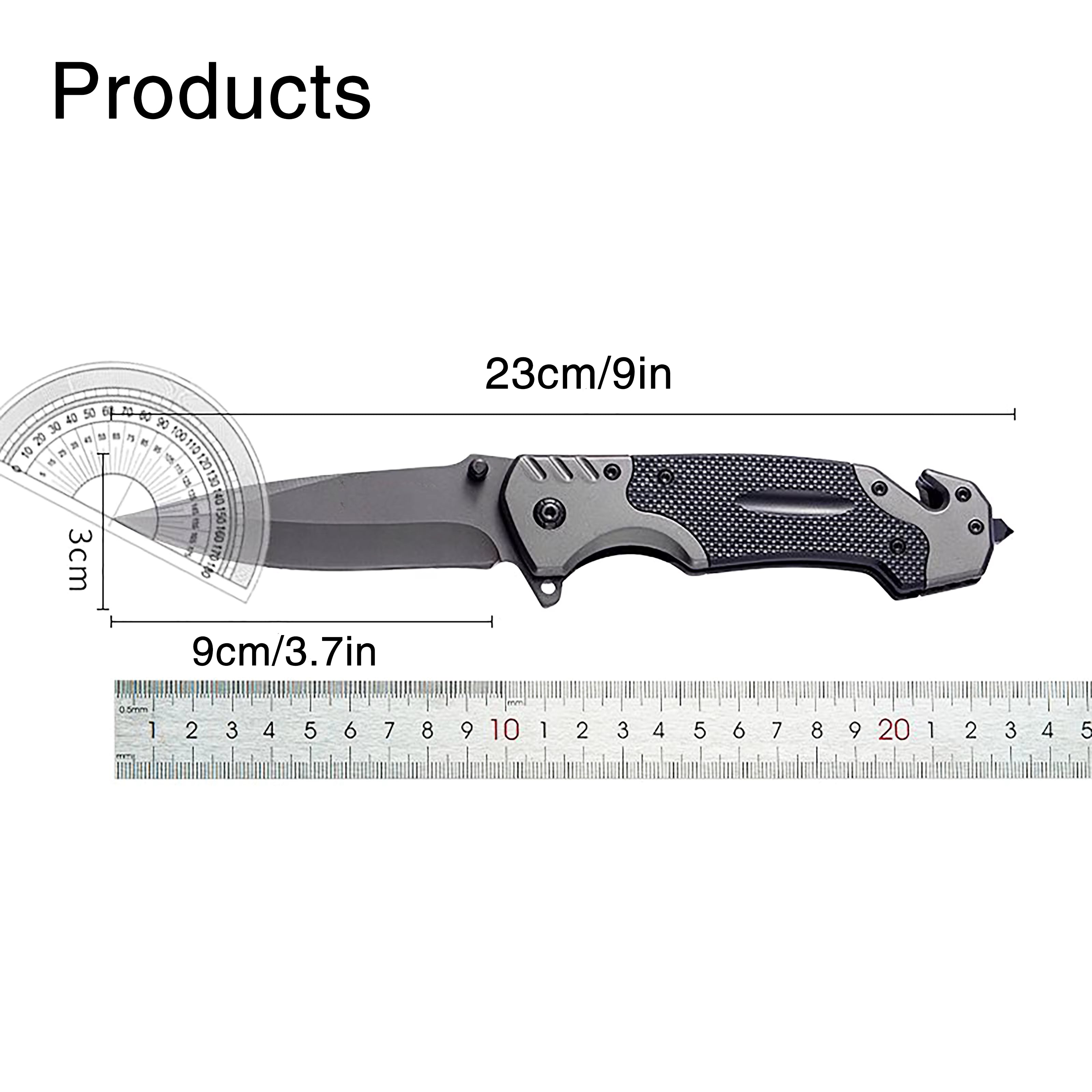 Folding stainless steel knife with measurements on a white background