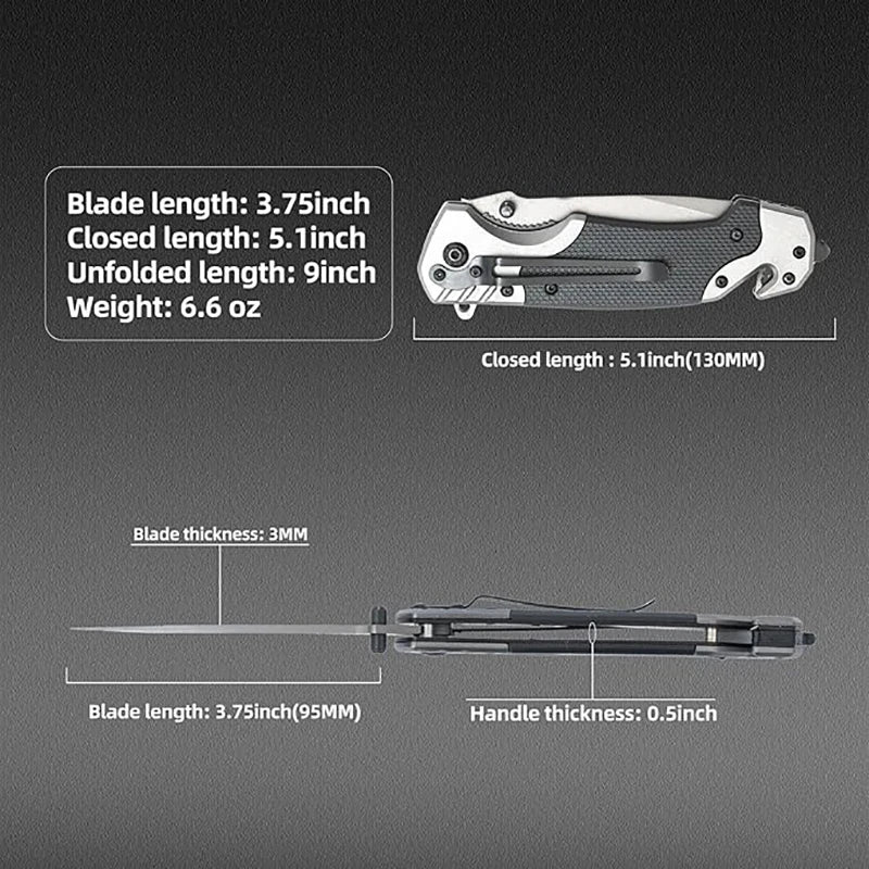 Folding stainless steel knife with detailed measurements on a gray background