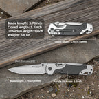 Folding stainless steel knife with detailed measurements on a gray background