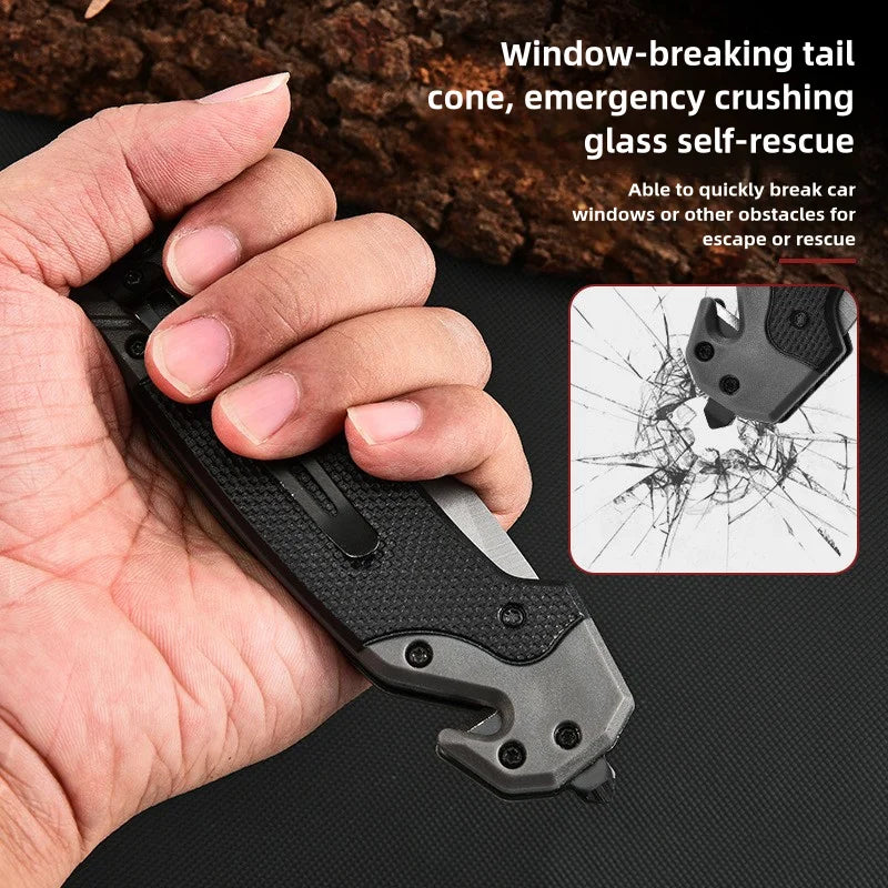 Folding knife with window-breaking feature held in a hand, with text describing its uses.