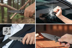 Multifunctional stainless steel knife with various uses including chopping branches, breaking car windows, cutting seat belts, and opening cans.