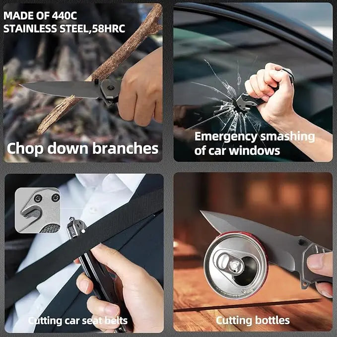 Multifunctional stainless steel knife with various uses including chopping branches, breaking car windows, cutting seat belts, and opening cans.