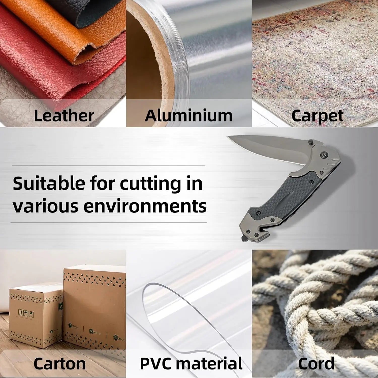 Foldable stainless steel hunting knife displayed with materials that it can cut