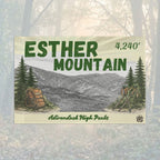 Flag of Esther Mountain with hiking gear and trees - Adirondack Summit Flag