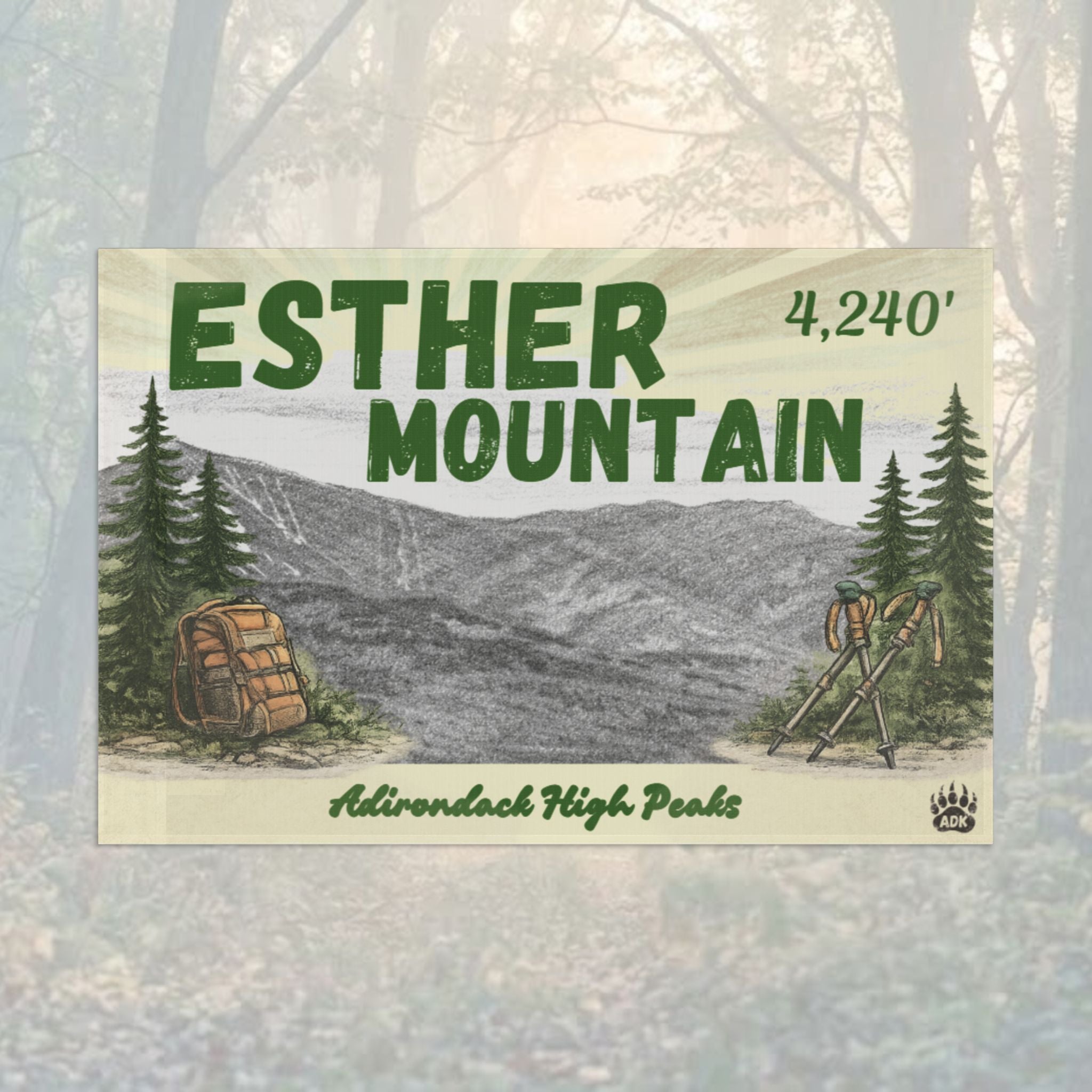 Flag of Esther Mountain with hiking gear and trees - Adirondack Summit Flag