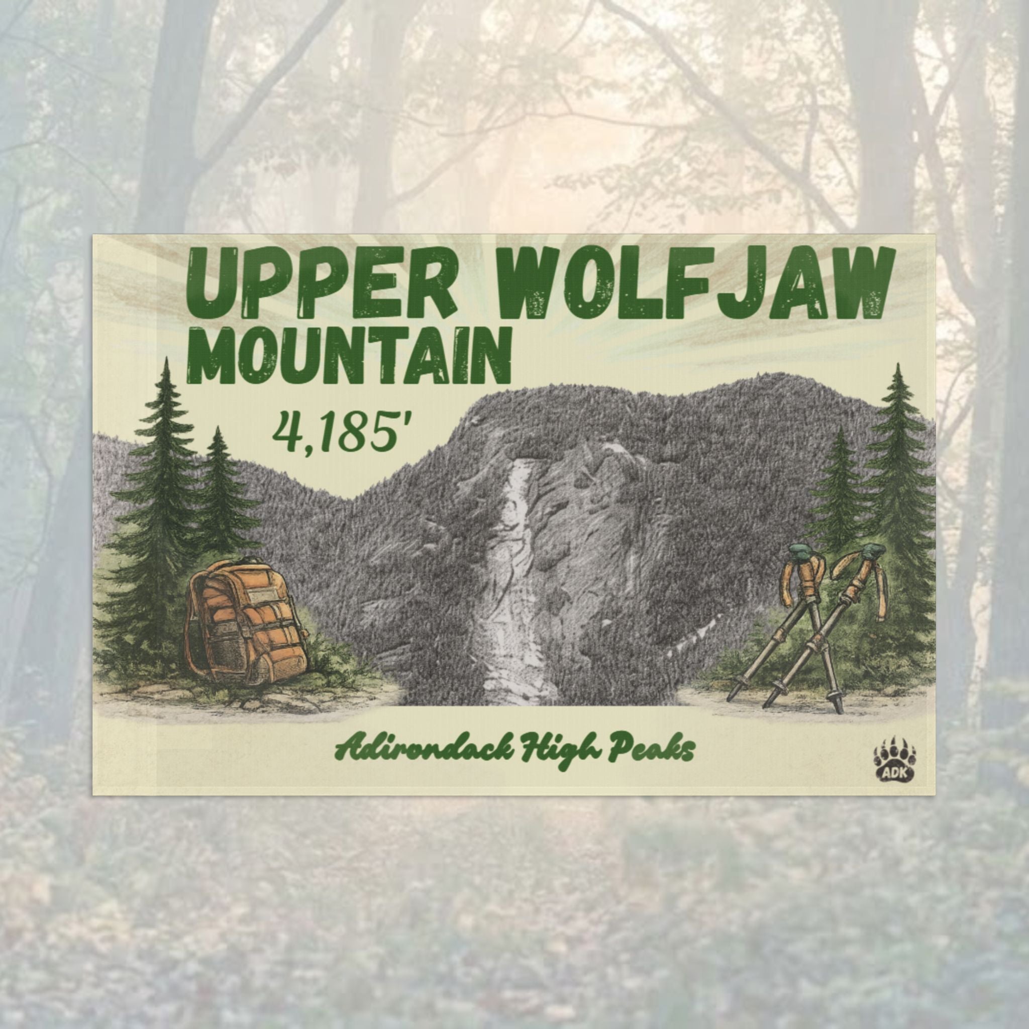 Flag for Upper Wolfjaw Mountain with mountain illustration - Adirondack Summit Flag