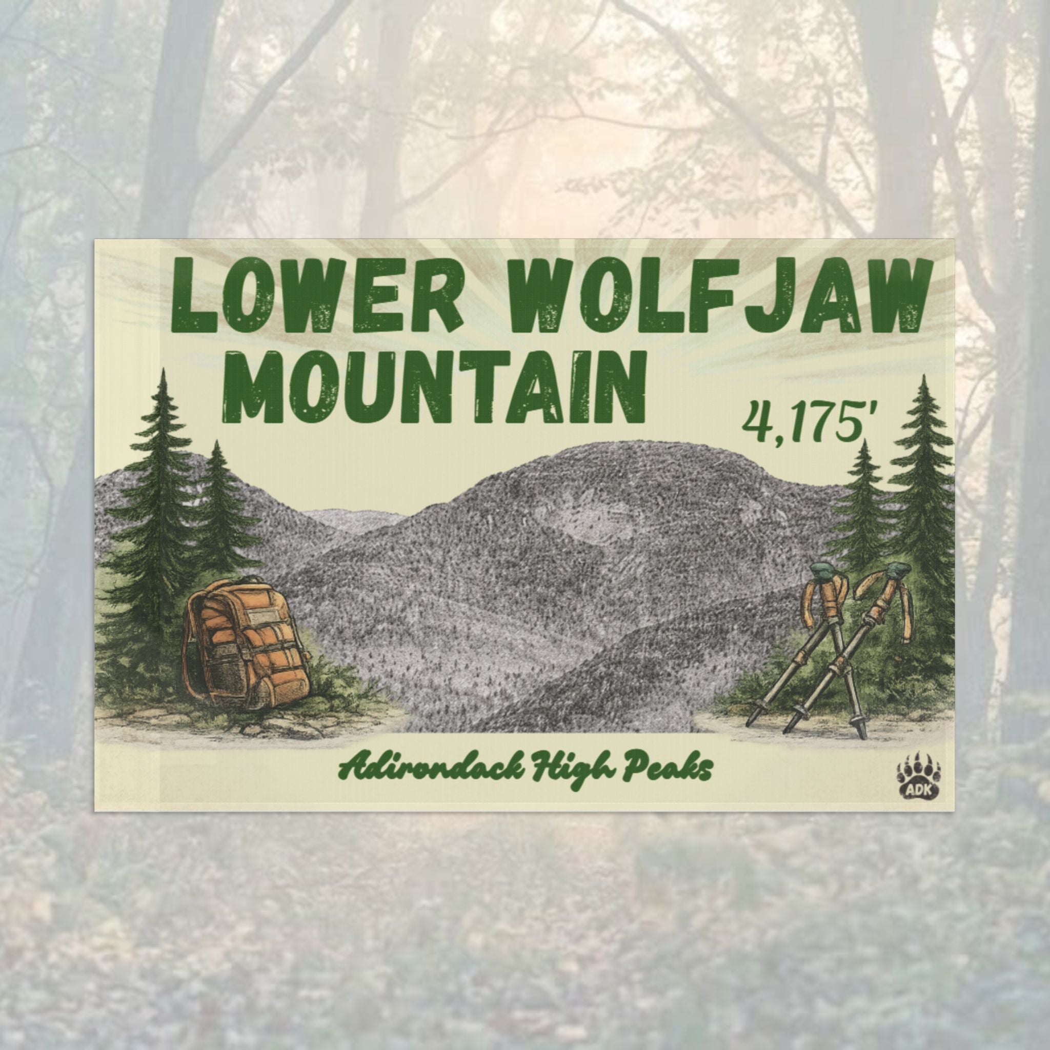 Flag for Lower Wolfjaw Mountain with mountain illustration - Adirondack Summit Flag