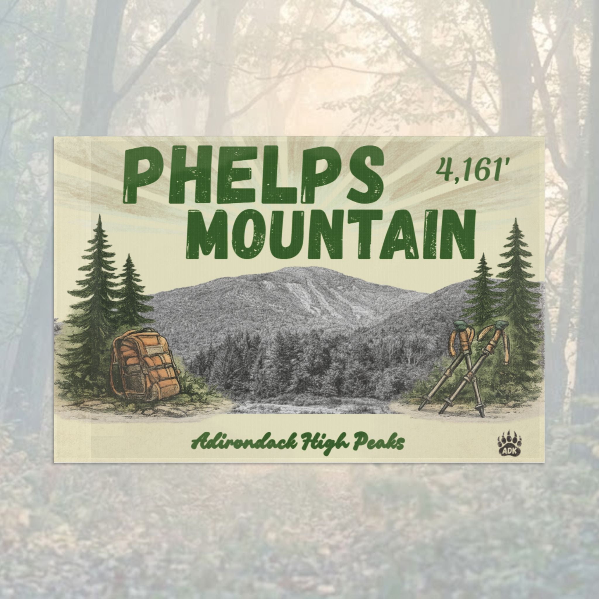 Flag for Phelps Mountain with mountain and trees illustration - Adirondack Summit Flag