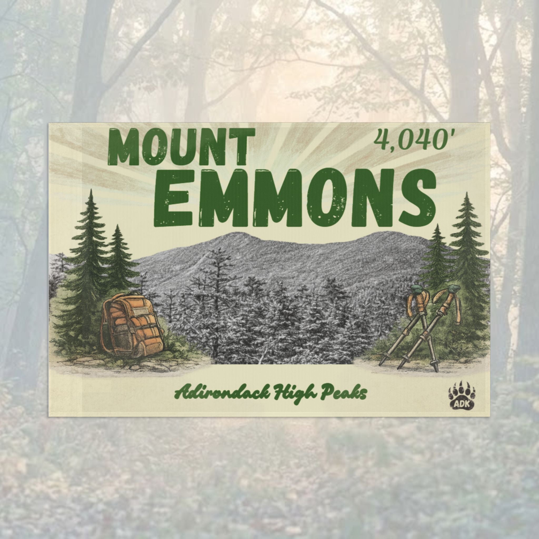 Mount Emmons flag with mountain and trees illustration - Adirondack Summit Flag