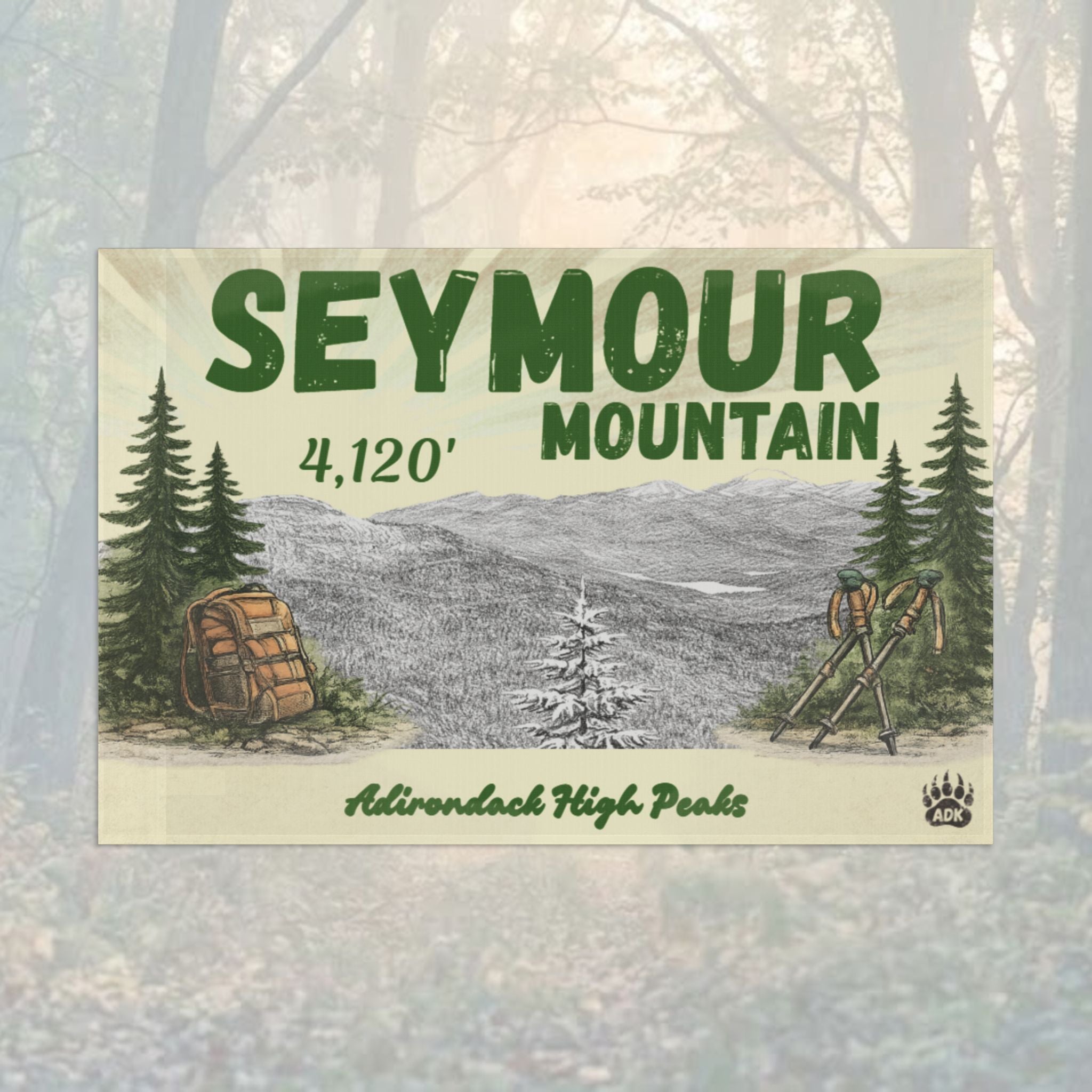 Seymour Mountain flag with mountain landscape illustration - Adirondack Summit Flag