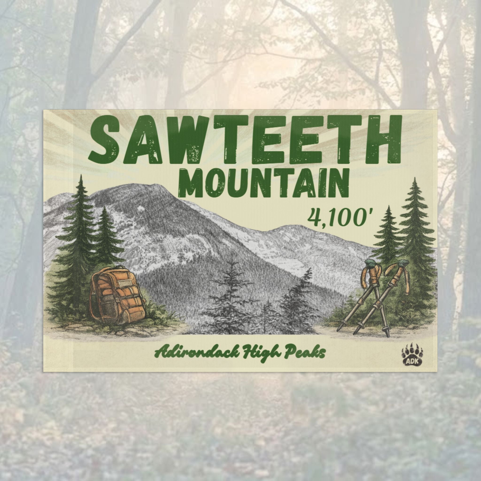 Sawteeth Mountain flag with mountain and trees illustration - Adirondack Summit Flag