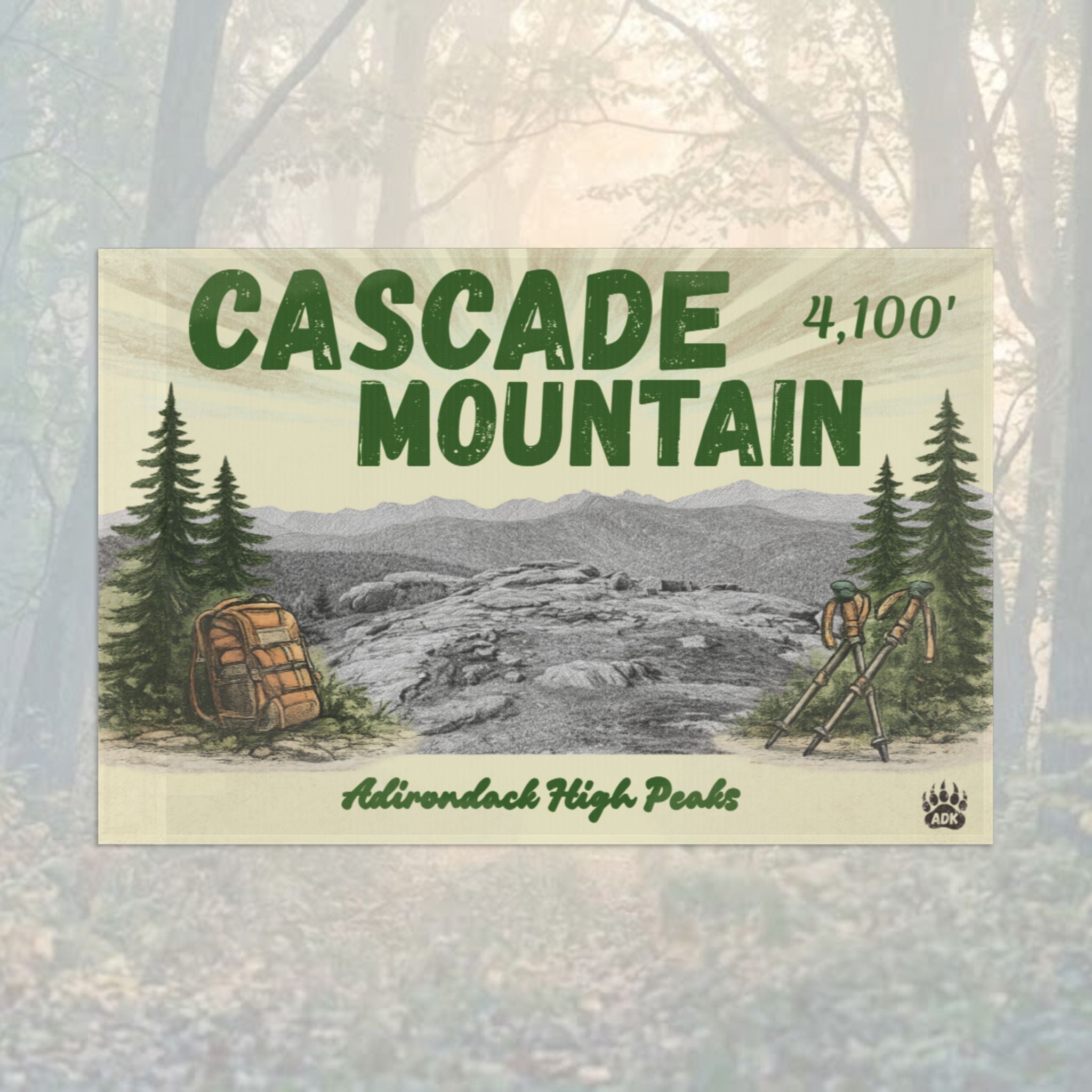 Flag with 'Cascade Mountain' text and illustrations - Adirondack Summit Flag