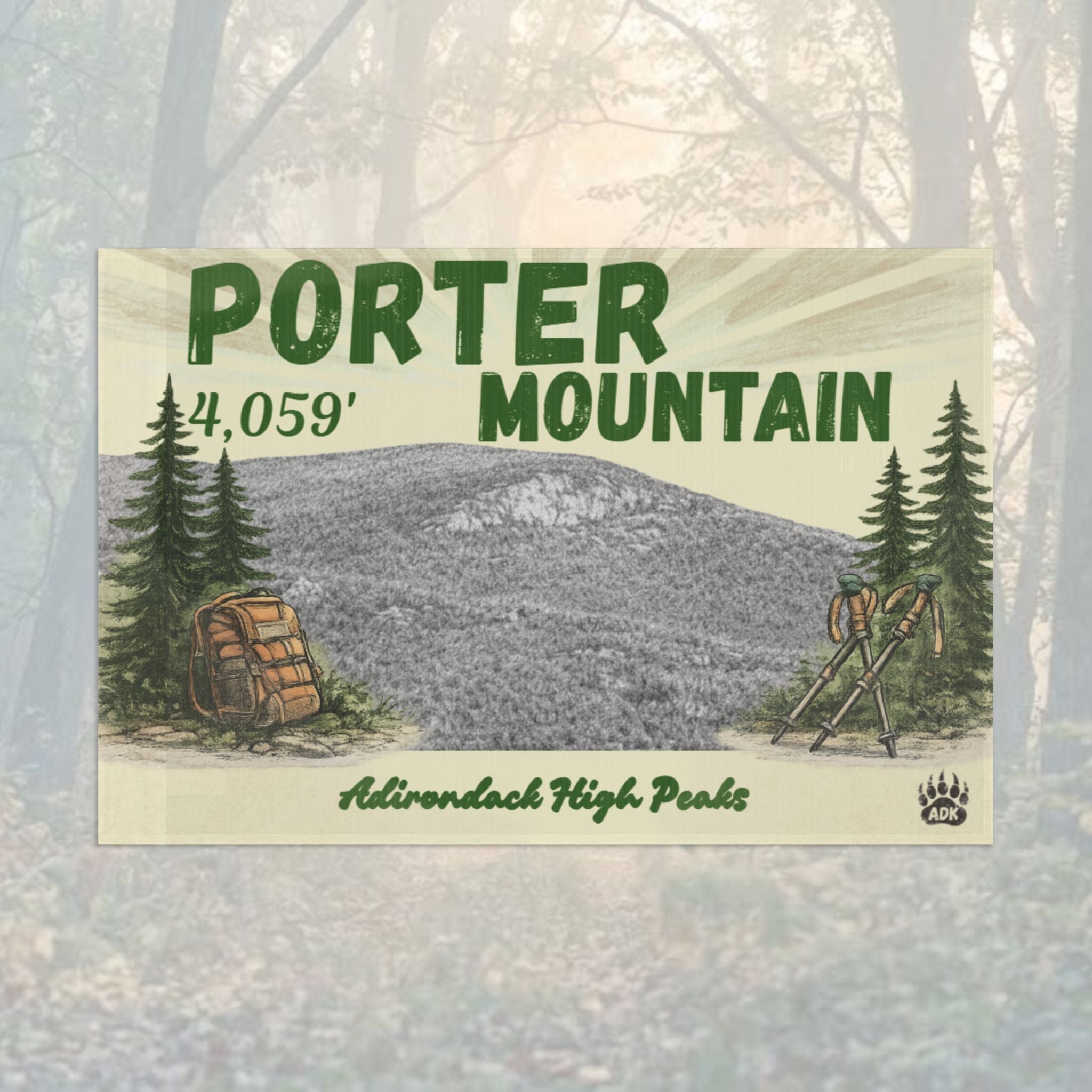 Flag for Porter Mountain with mountain and trees illustration - Adirondack Summit Flag
