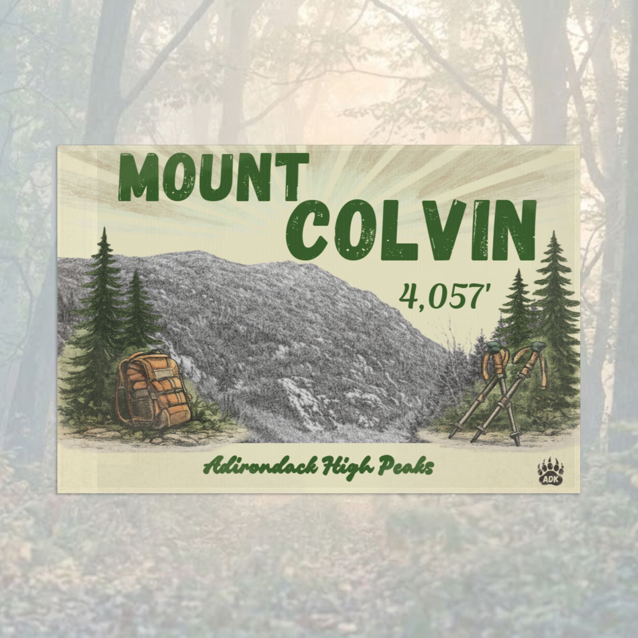 Mount Colvin flag with mountain and trees illustration - Adirondack Summit Flag