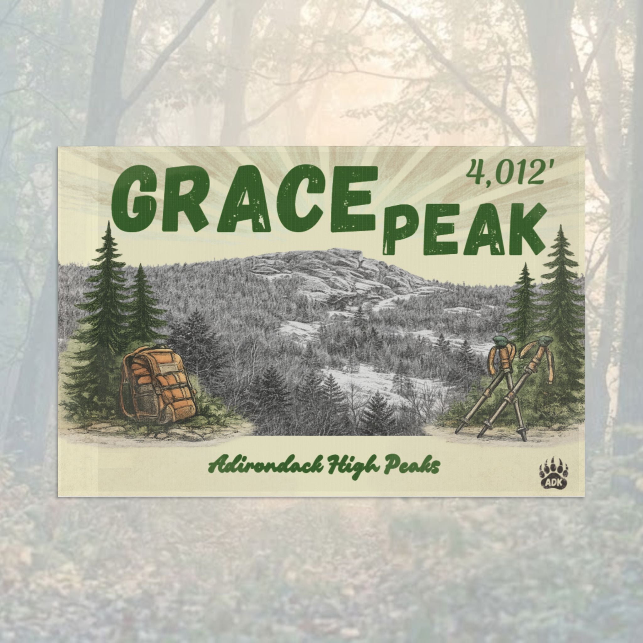 Flag of Grace Peak with a mountain landscape and hiking gear illustration -Adirondack Summit Flag