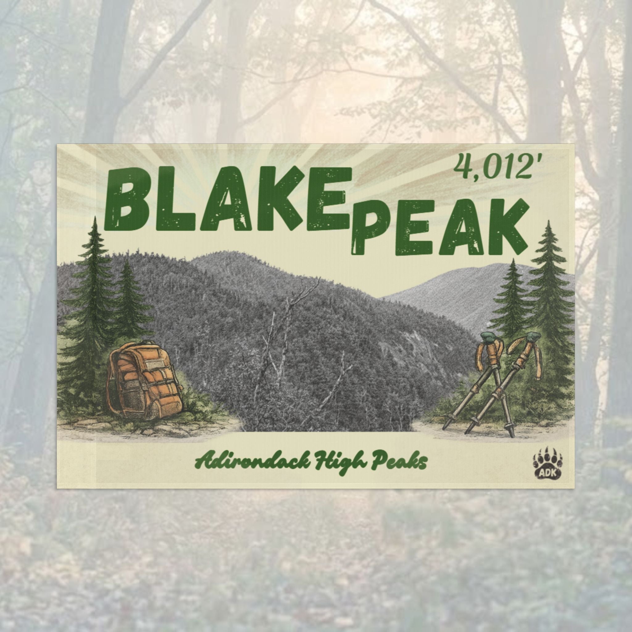 Flag of Blake Peak with mountain and forest illustration - Adirondack Summit Flag