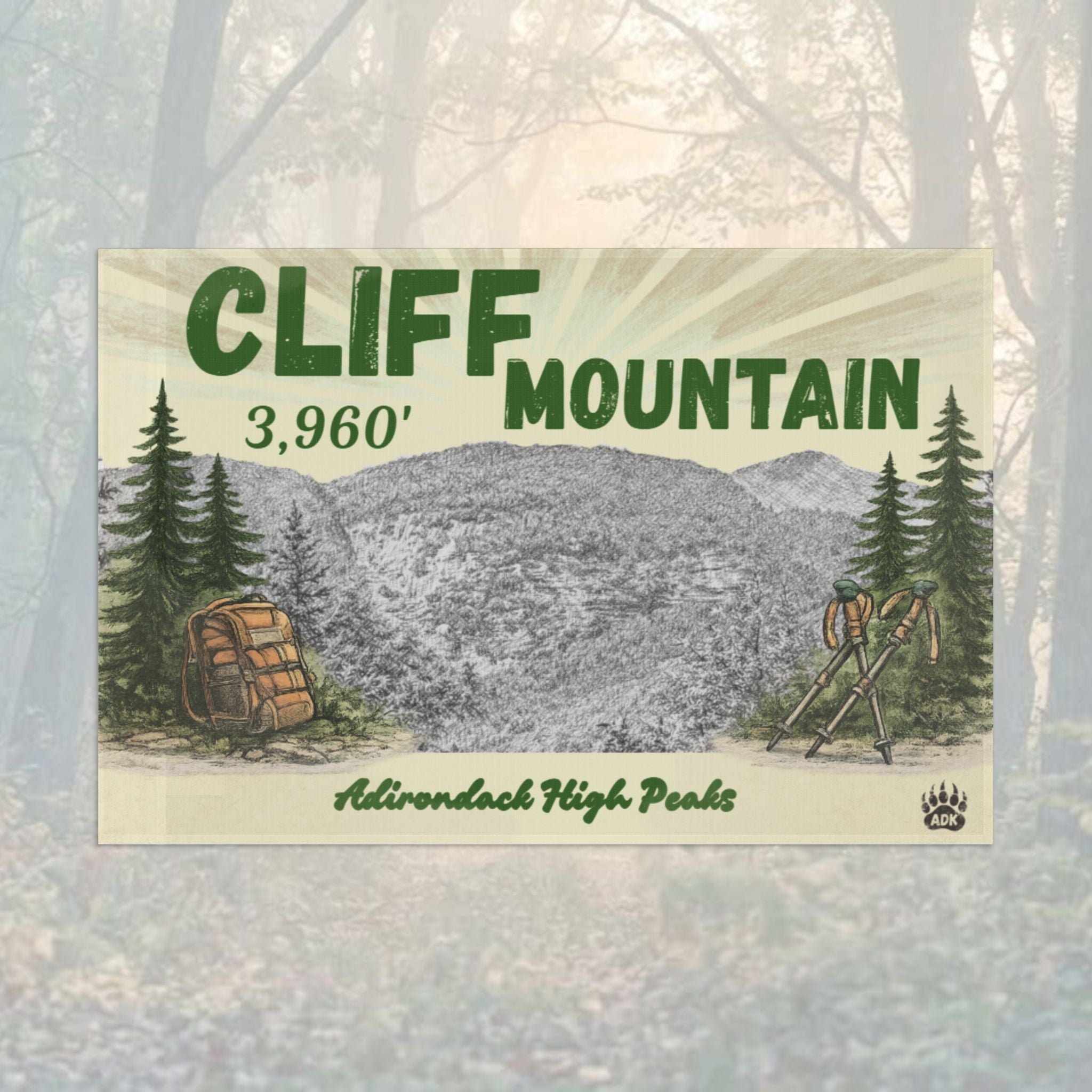 Mountain flag with 'Cliff Mountain' and hiking equipment illustration - Adirondack Summit Flag