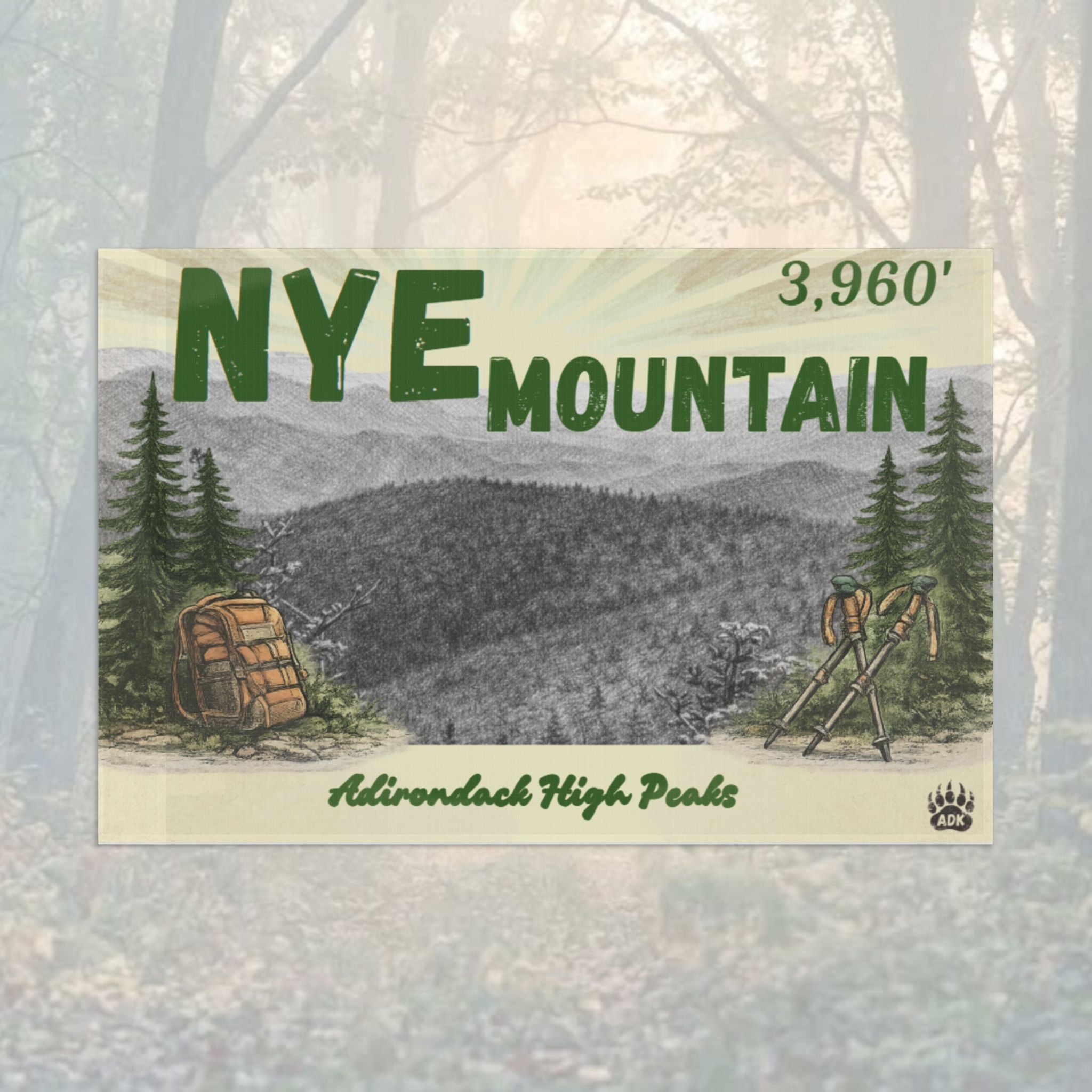 Vintage-style flag of Nye Mountain with a scenic illustration - Adirondack Summit Flag