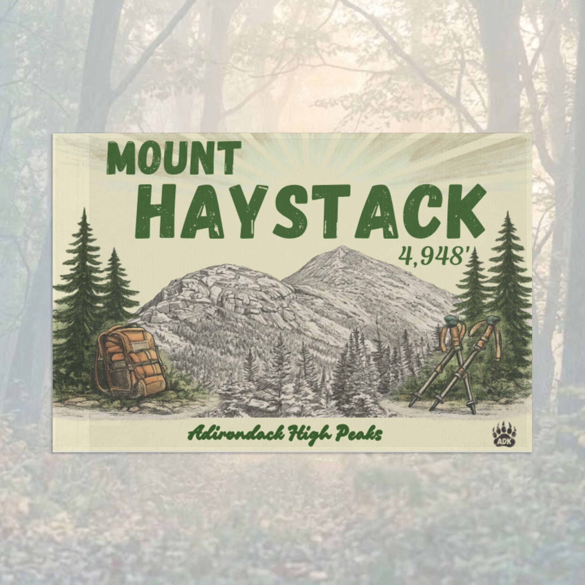 Mountainside scene with 'Mount Haystack' text and illustration - Adirondack Summit Flag