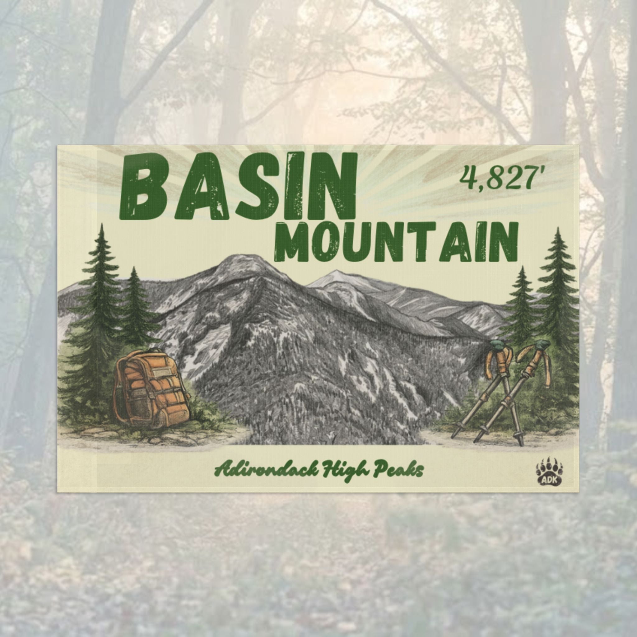 Flag for Basin Mountain with mountain illustration - Adirondack Summit Flag