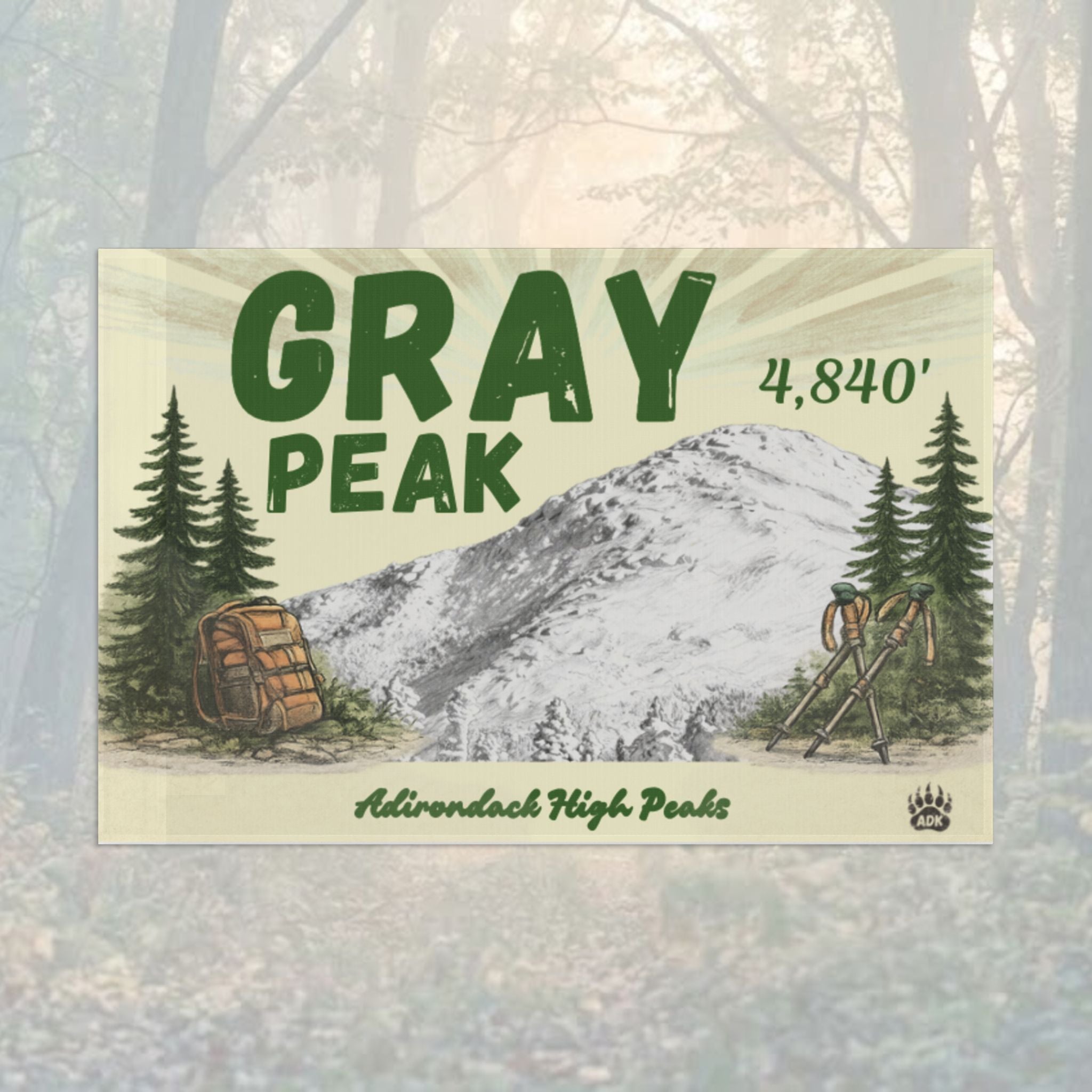 Flag of Gray Peak with mountain and trees illustration - Adirondack Summit Flag