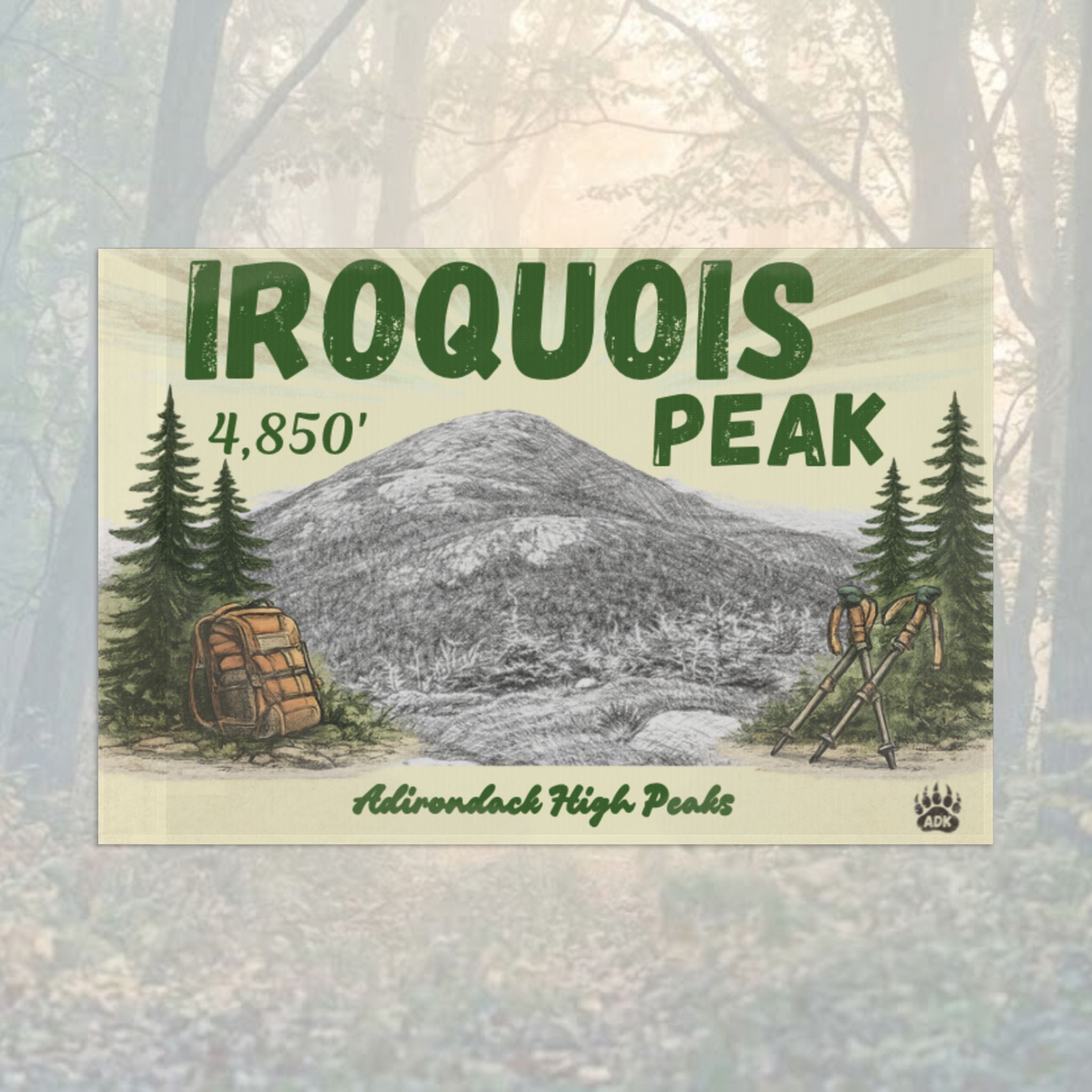 Iroquois Peak flag with mountain illustration - Adirondack Summit Flag
