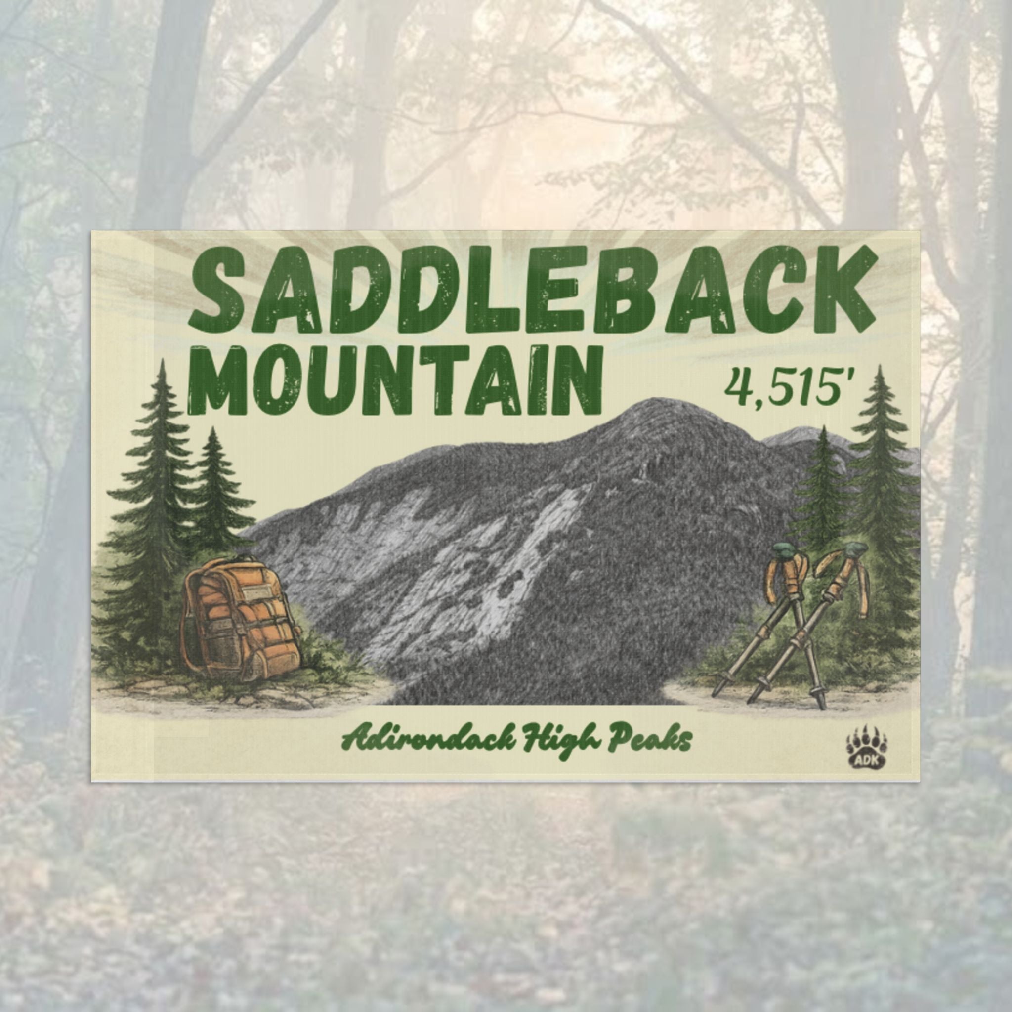 Flag of Saddleback Mountain with mountain and backpack illustration - Adirondack Summit Flag
