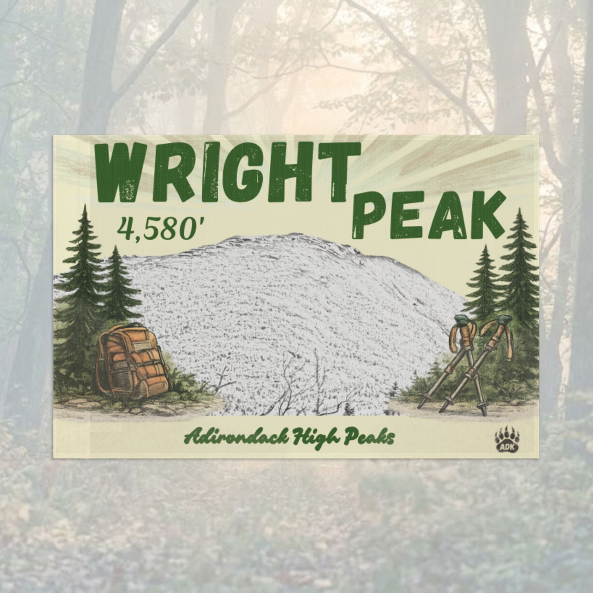 Wright Peak flag with mountain illustration and hiking equipment - Adirondack Summit Flag