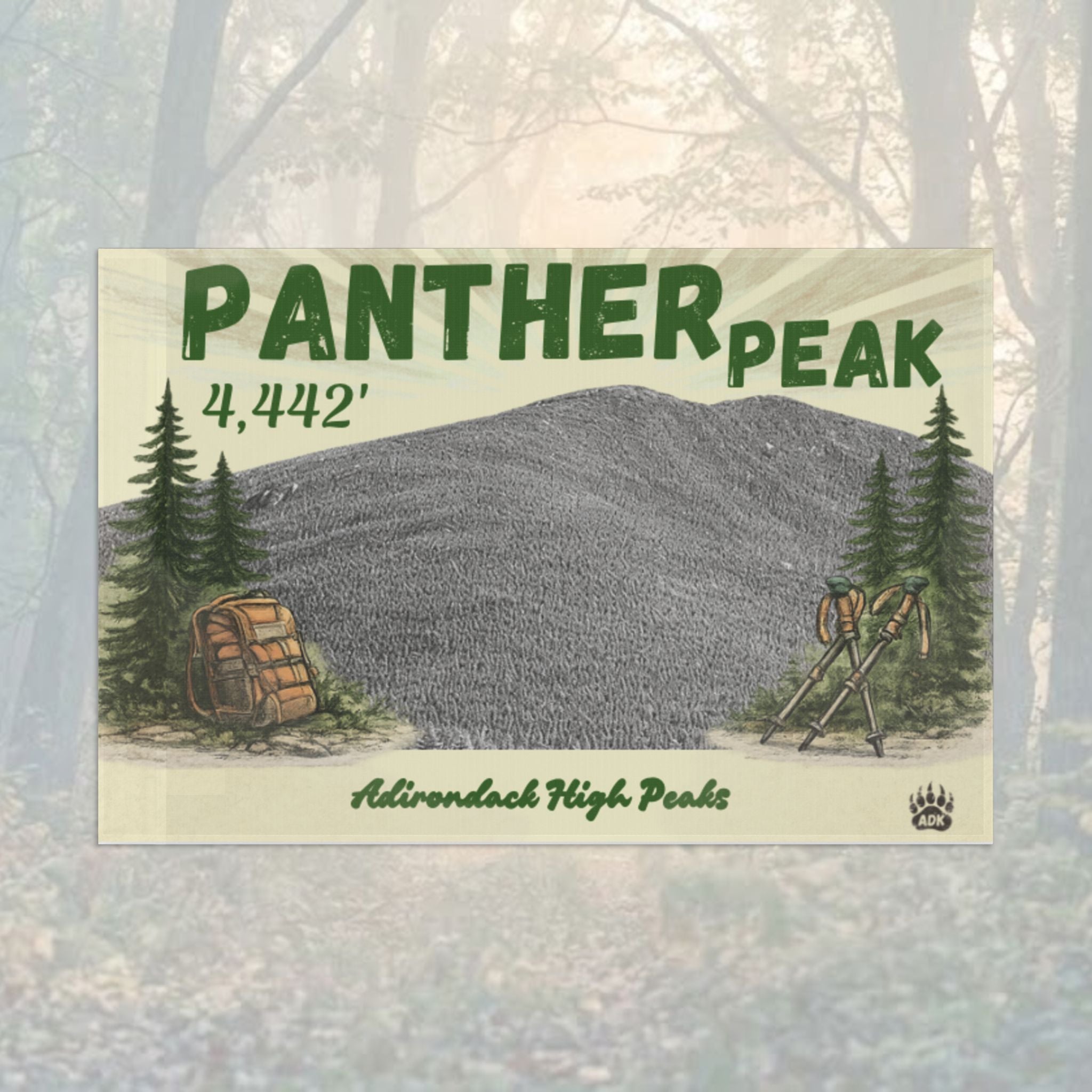 Panther Peak flag with mountain and trees illustration - Adirondack Summit Flag
