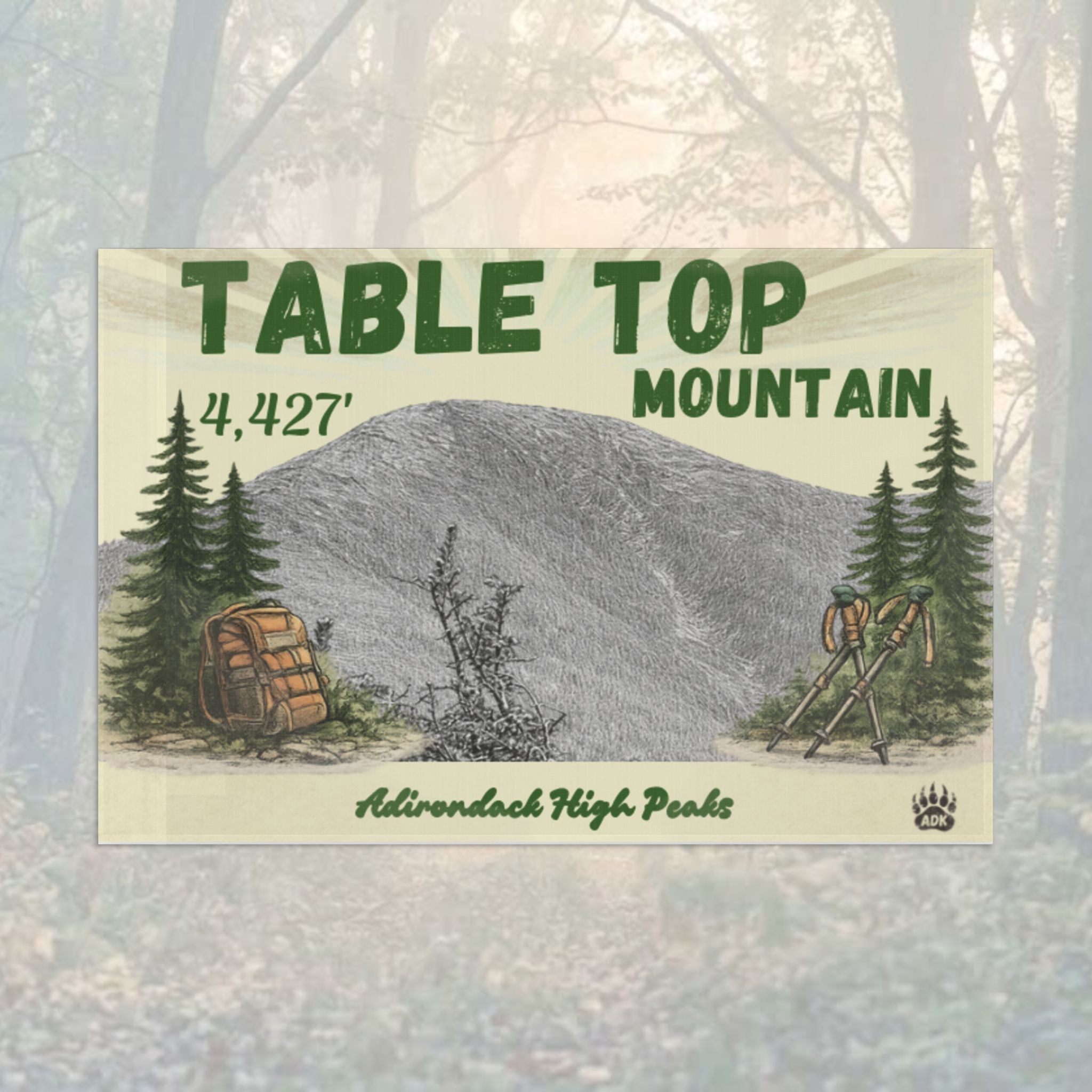 Flag for Table Top Mountain with mountain and trees illustration - Adirondack Summit Flag