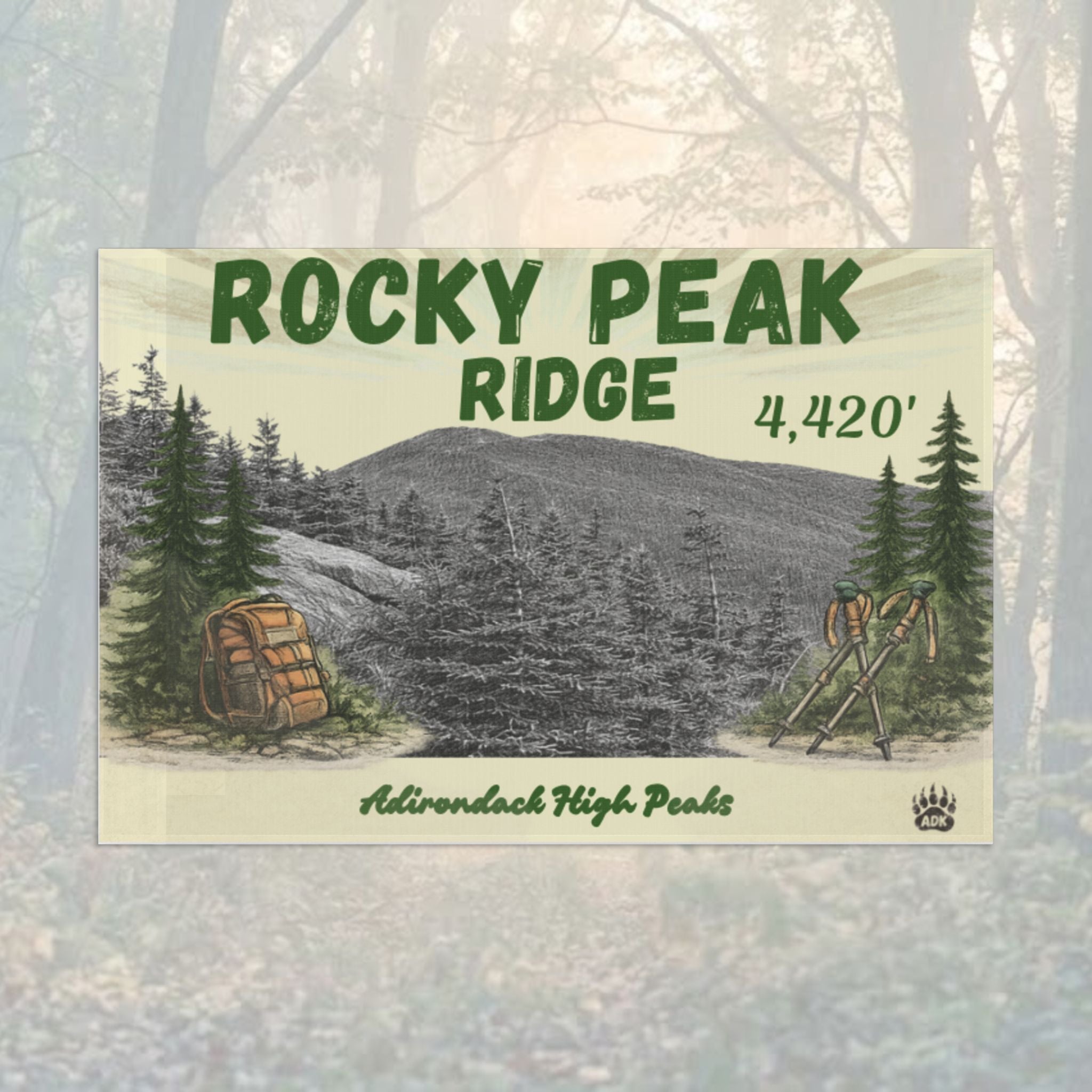 Flag for Rocky Peak Ridge with hiking symbols and mountain illustration - Adirondack Summit Flag