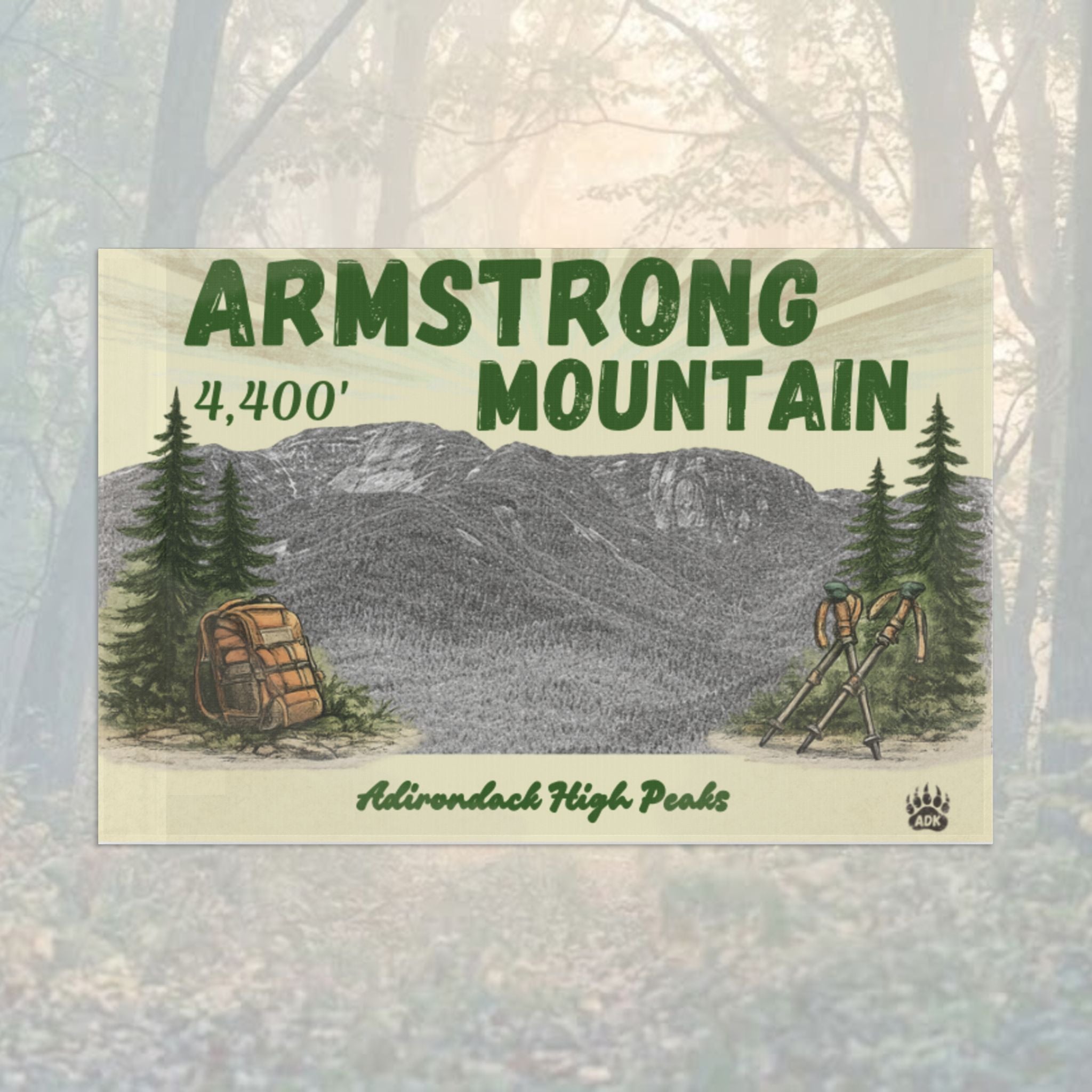 Flag of Armstrong Mountain with mountain and backpack illustration - Adirondack Summit Flag