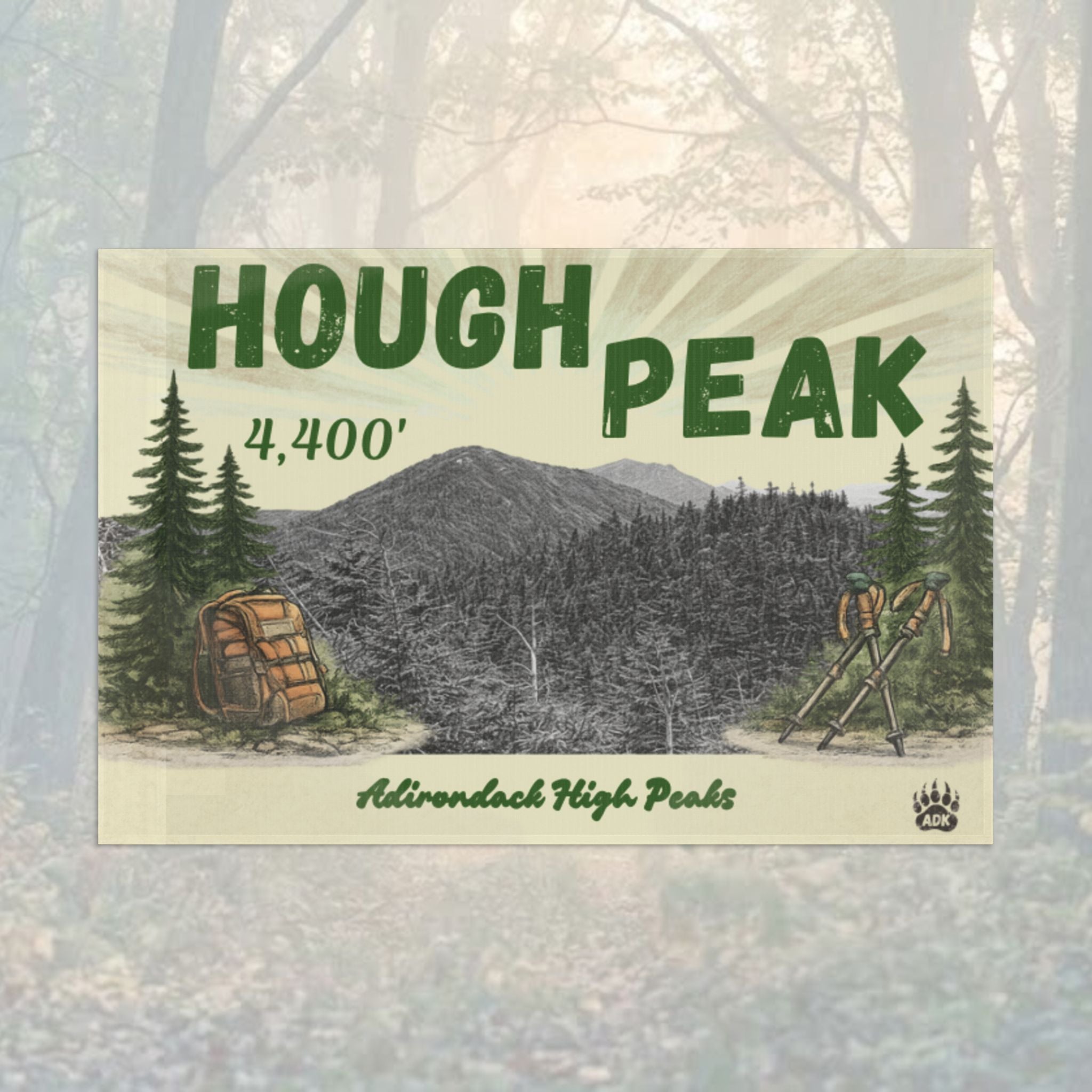 Hough Peak flag with mountain and forest illustration - Adirondack Summit Flag