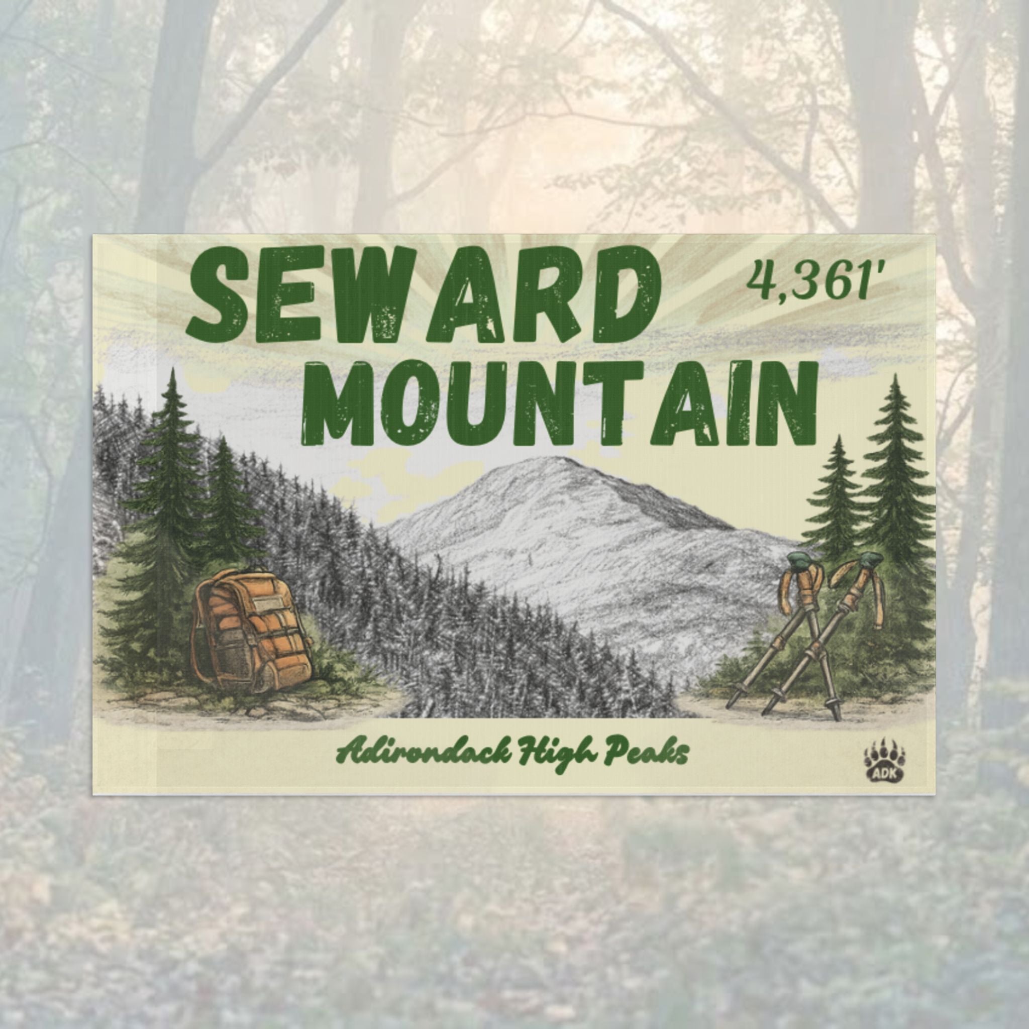 Flag of Seward Mountain with a mountain and trees illustration - Adirondack Summit Flag