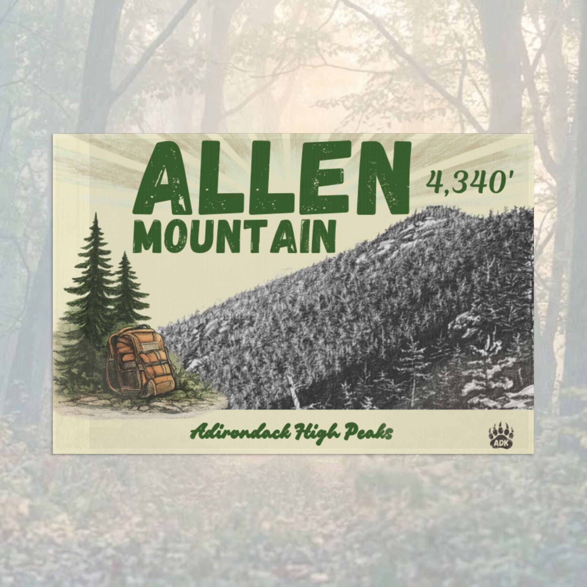 Flag for Allen Mountain with mountain and trees illustration - Adirondack Summit Flag