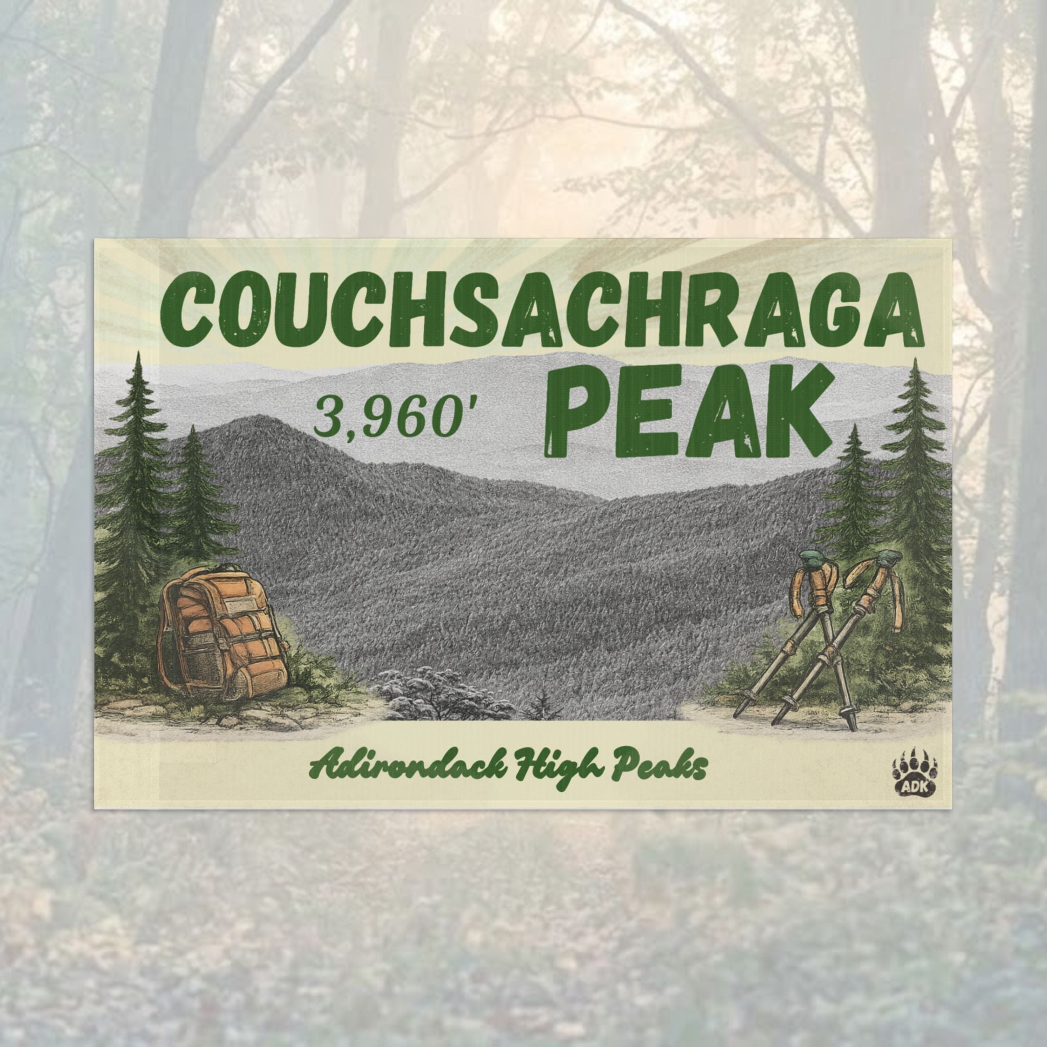 Flag for Couchsachraga Peak with mountain and tree illustration - Adirondack Summit Flag