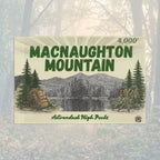 Vintage-style flag for Macnaughton Mountain with a mountain and lake illustration - Adirondack Summit Flag