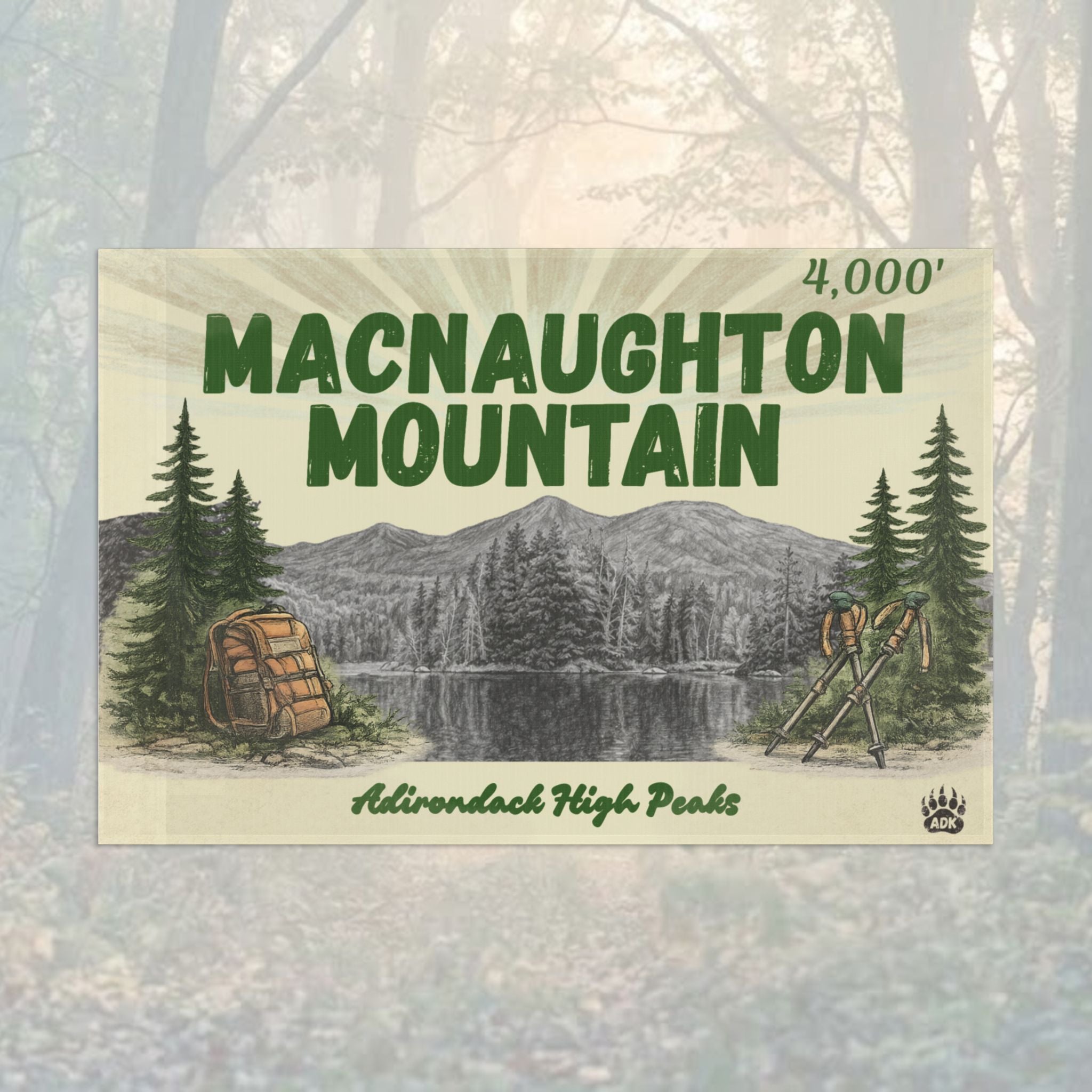 Vintage-style flag for Macnaughton Mountain with a mountain and lake illustration - Adirondack Summit Flag