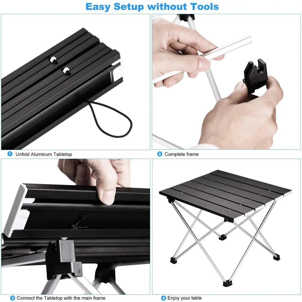 Step-by-step guide on setting up a portable folding table with tools