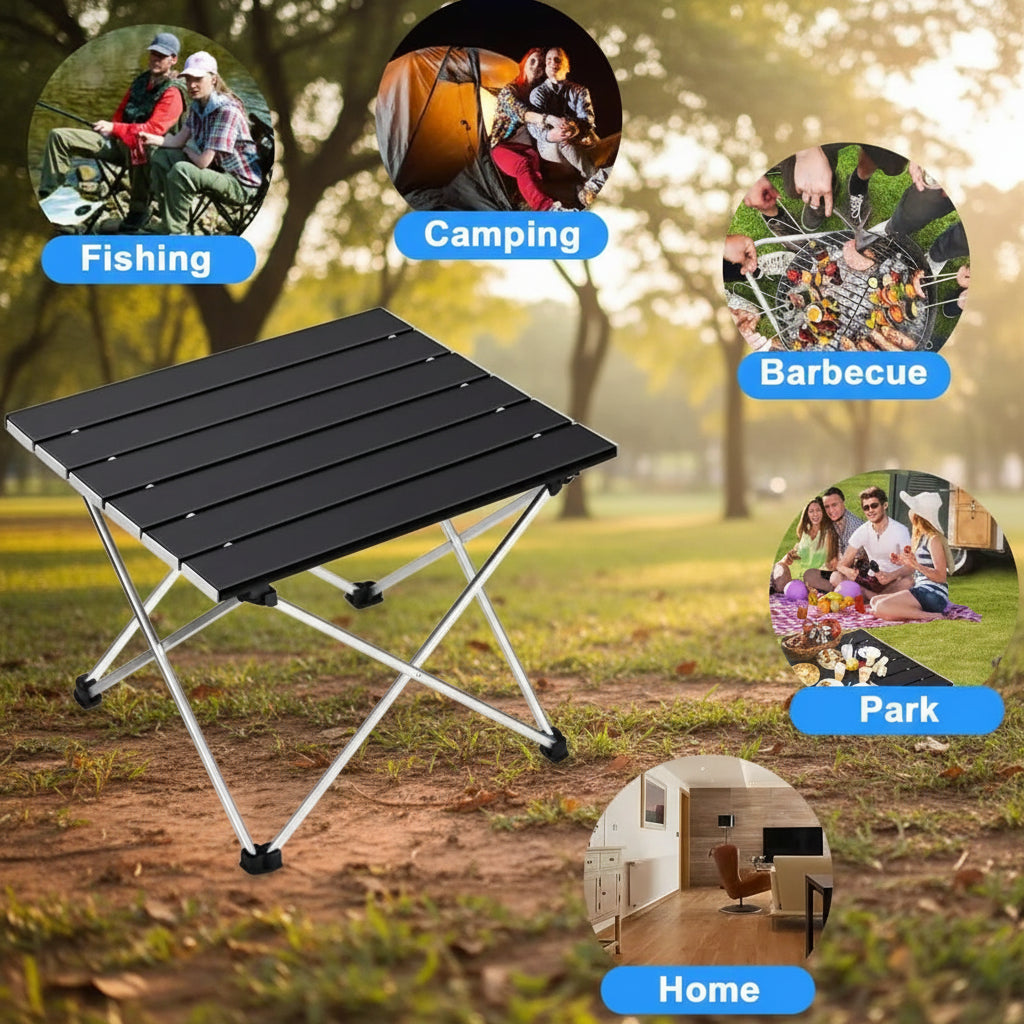Black folding table with images of people using it for fishing, camping, barbecuing, and in a park