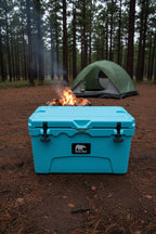 Blue cooler box on a concrete surface
