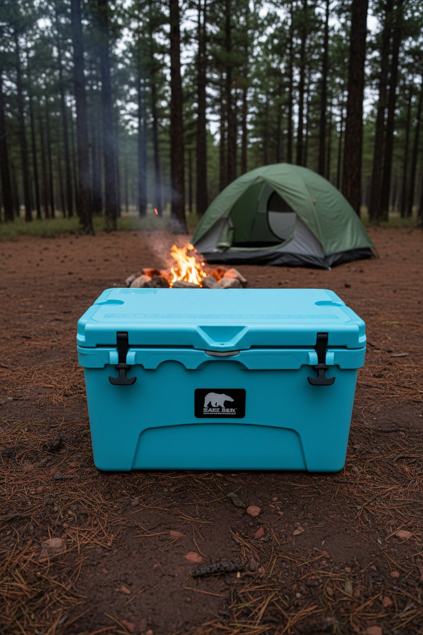 Blue cooler box on a concrete surface