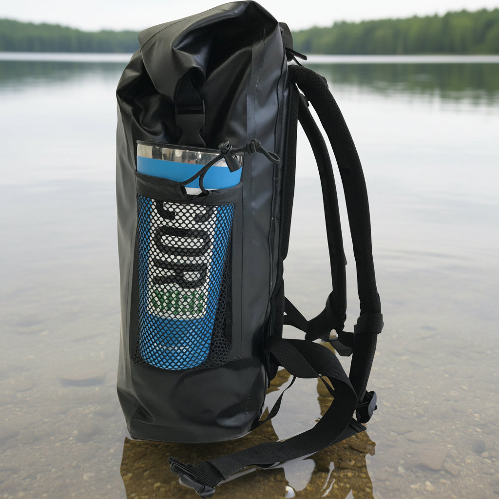 Black backpack with a blue mesh pocket