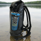 Black backpack with a blue mesh pocket