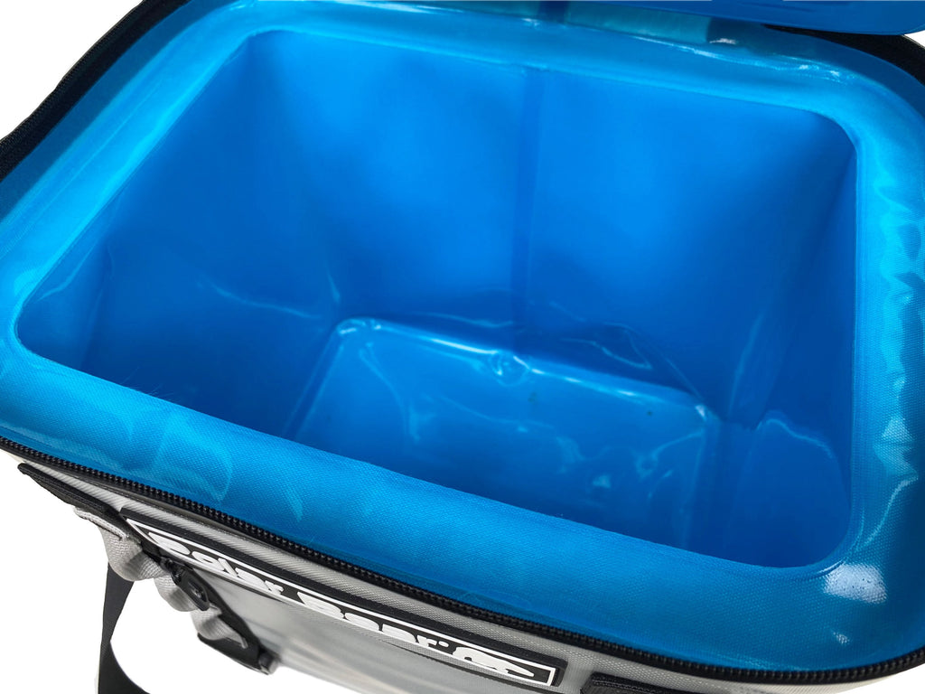 Blue cooler bag with a visible brand logo
