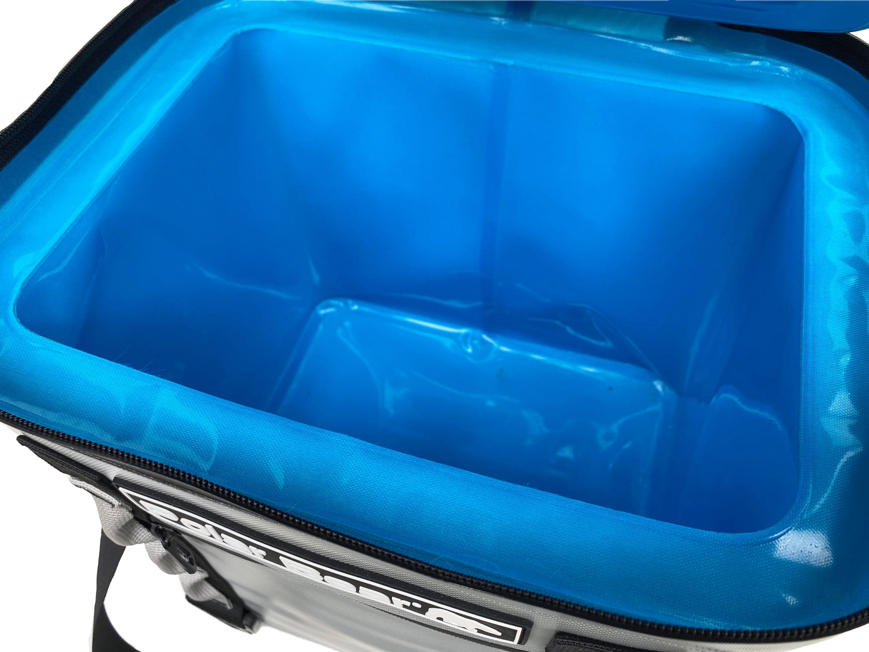 Blue cooler bag with a visible brand logo