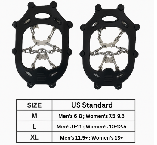 Pair of steel microspikes with size chart on a white background