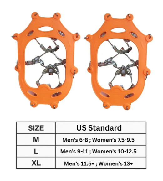 Pair of orange microspikes with size chart on a white background